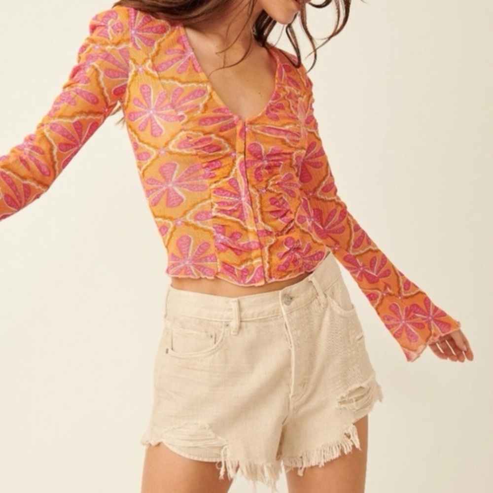 Free People MeshLong-Sleeve Pink & Orange Floral Top